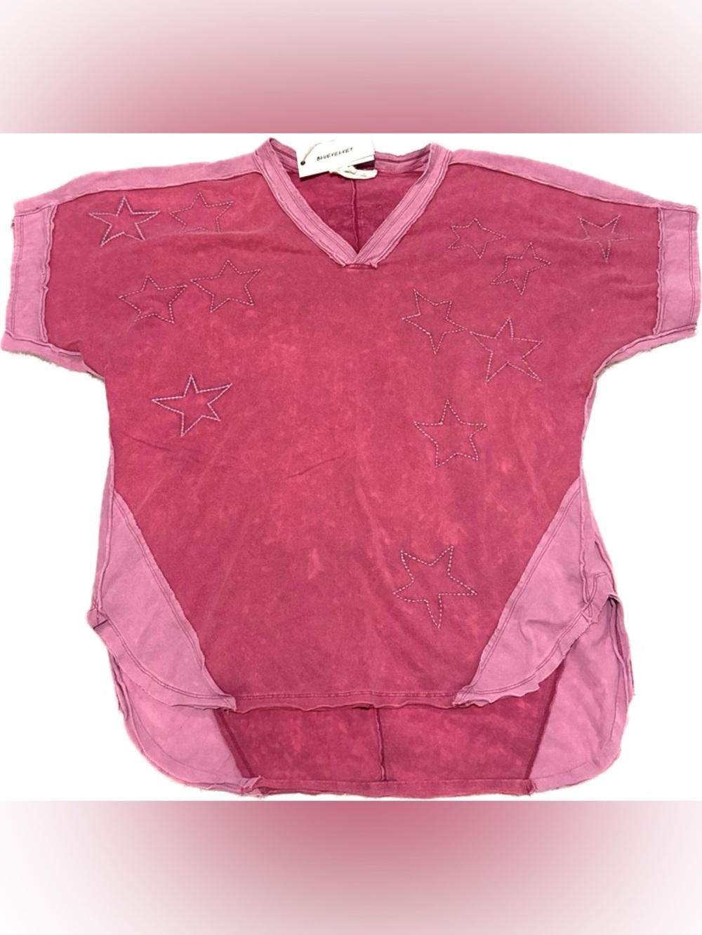 Vintage-Inspired Star Embroidered V-Neck Tee in Dusky Pink NWT